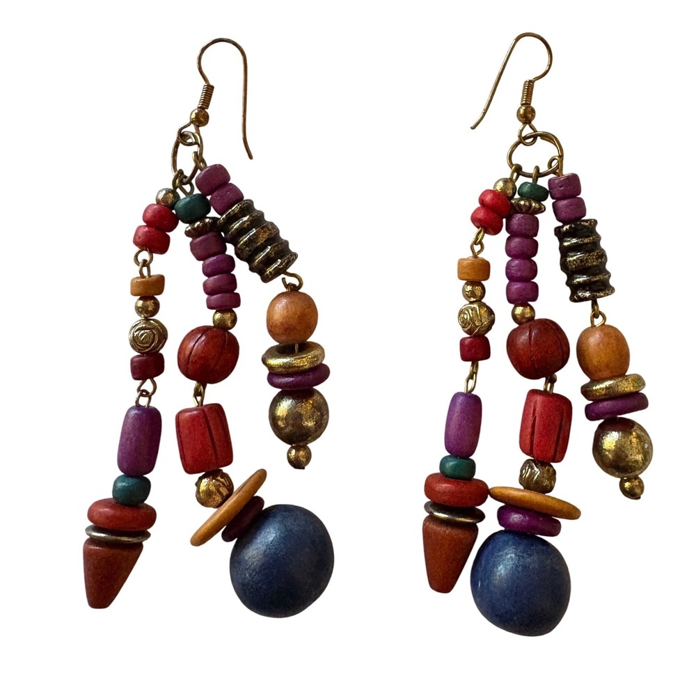 Boho‎ Dangle Earrings Colorful Wood Beads Statement Jewelry 1960s Look Pierced